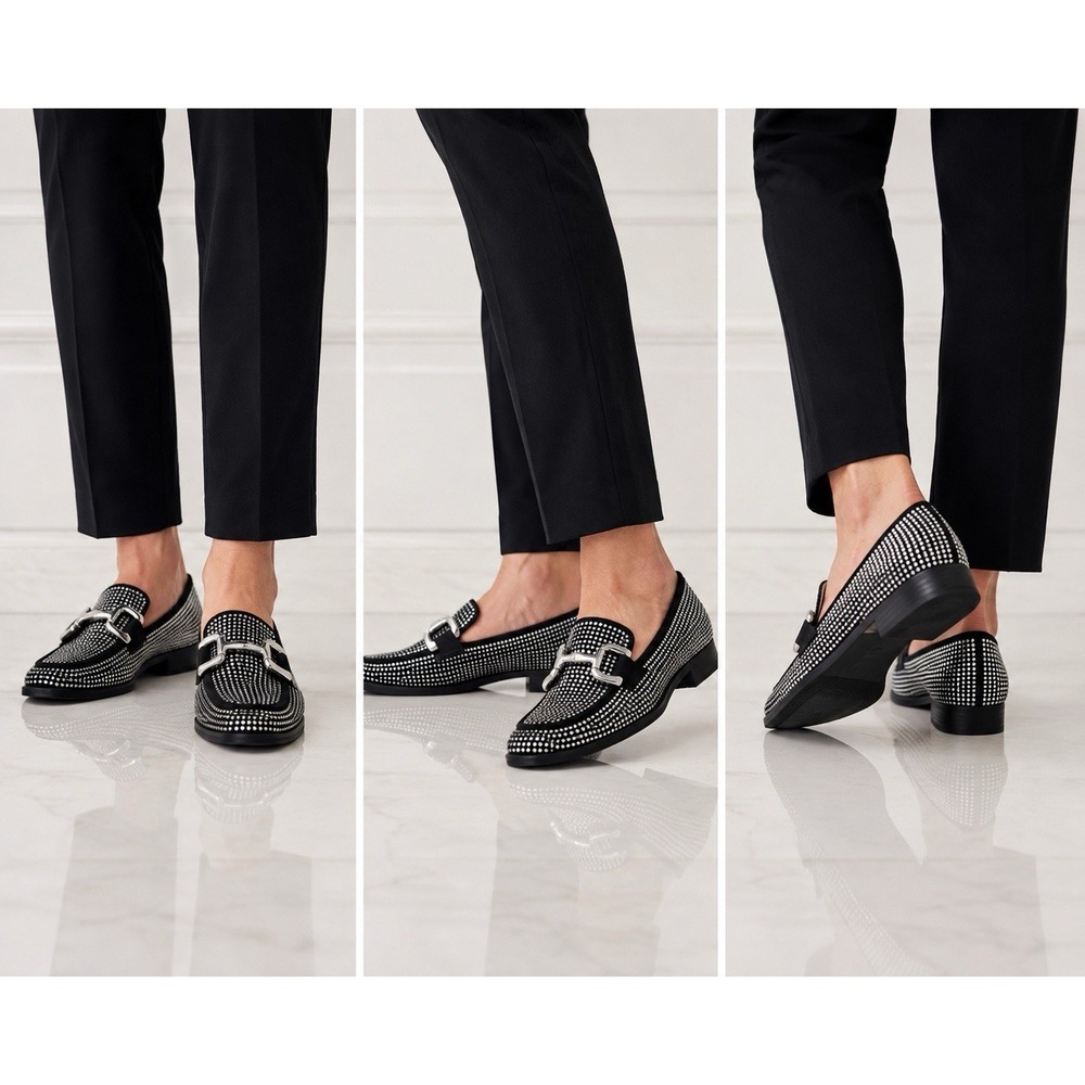 Nine West Women's 7M Black Rhinestone Lilma Horsebit Loafers SlipOn Dress Flat - Picture 2 of 13